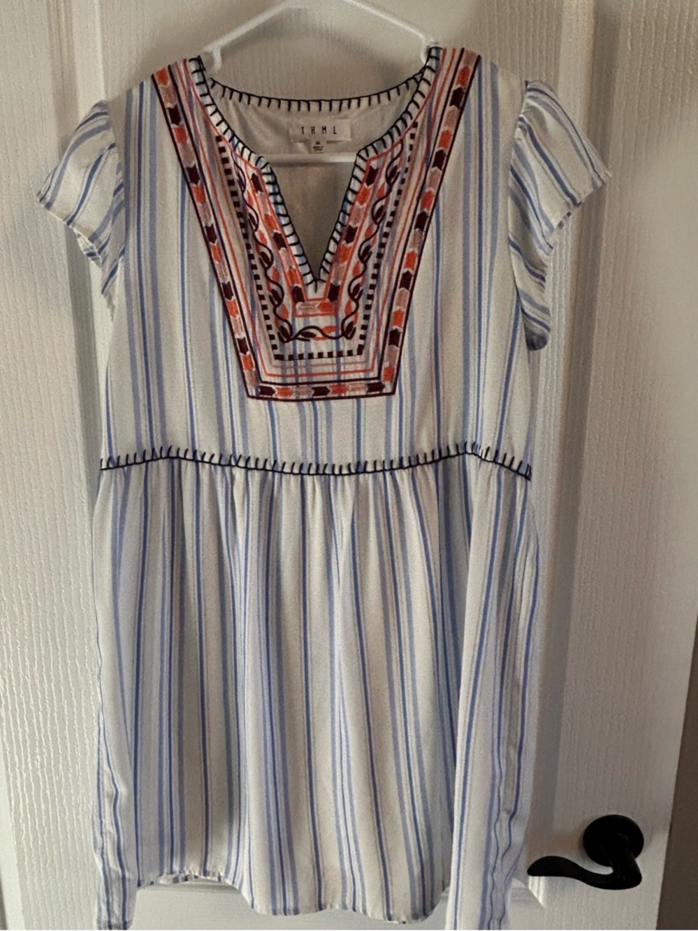 THML White and Light Blue Striped Embroidered Yoke Dress